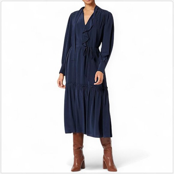 Joie Roussel Navy Blue Midi Silk Flowy Tie Belt Ruffle Trim Dress NWT New XS - Picture 1 of 7